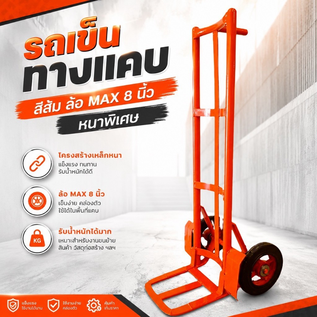 รถเข็น ทางแคบสีส้ม ล้อMAX 8นิ้ว หนาพิเศษ แข็งแรงทนทานต่อการใช้งาน
