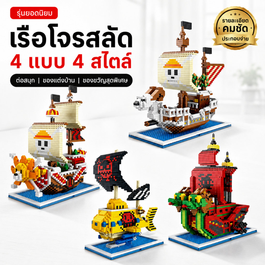 🔥เลโก้ ตัวต่อนาโนเรือลูฟี่ครบเช็ต one piece ครบ4แบบ แบบอย่าง เรือใบเข้ากันได้กับเลโก้บล็อก อาคารขนาดเล็กเรือโจรสลัด