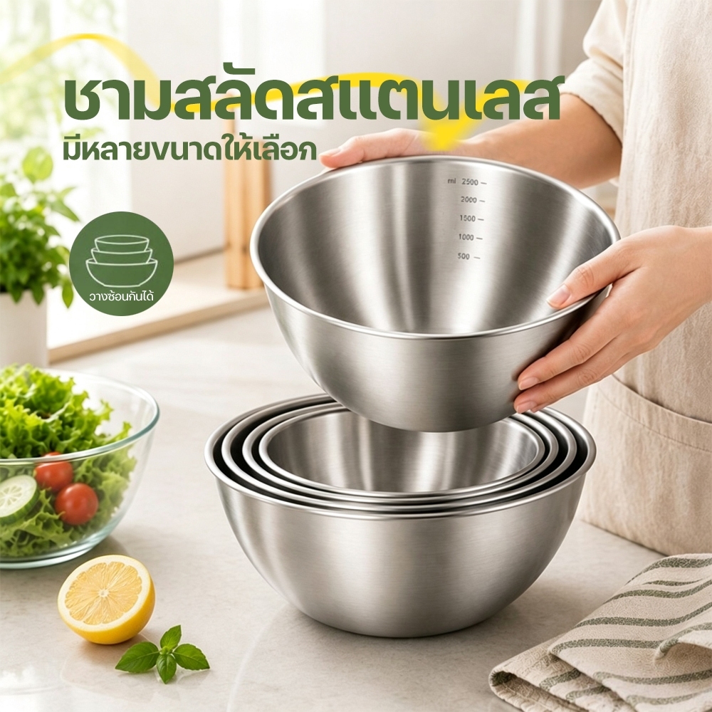 ชามสลัด ชามสแตนเลส ชามล้างผัก นวดแป้ง มีสเกล หนาและหนาทนต่อการตกกระแทก มีให้เลือกซื้อ 4 ขนาด