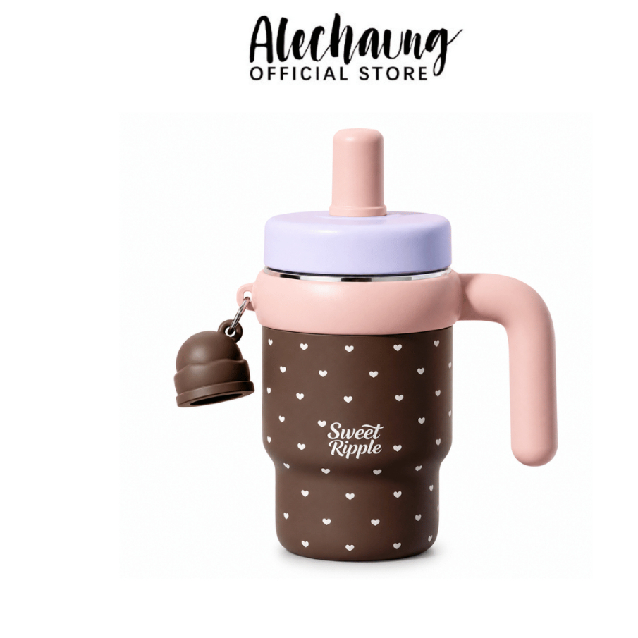 Alechaung แก้วเก็บอุณหภูมิพร้อมหลอด แก้วสแตนเลส insulated coffee mug ดีไซน์จับถนัดมือ ฝาปิดกันรั่ว ลายมินิมอล