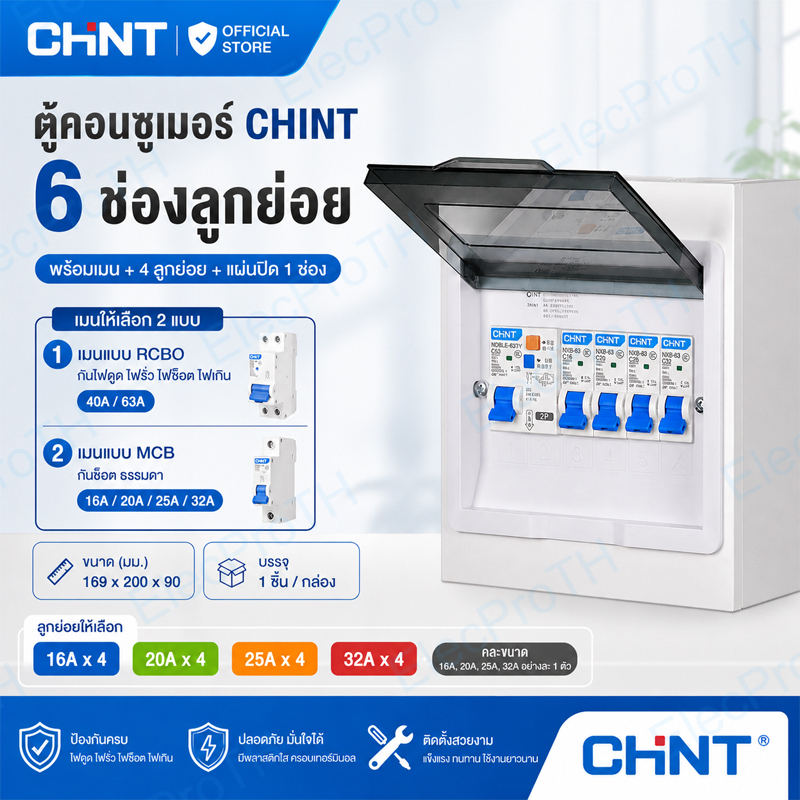 CHINT ตู้คอนซูเมอร์ 6ช่อง เมนขนาด 40A และ 63A , เมนกันดูด(RCBO) และ เมนธรรมดา (MCB)