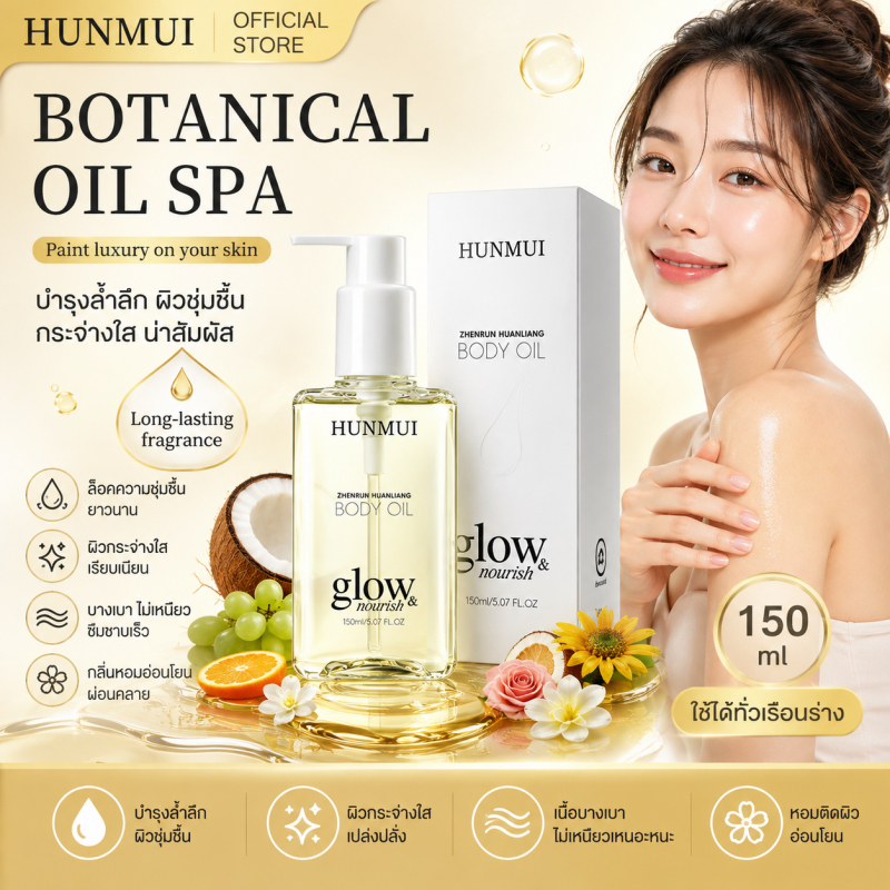 [ซื้อ 1 แถม 1] HUNMUI Body Oil 150ml บอดี้ออยล์บำรุงผิว เติมความชุ่มชื้น ผิวนุ่มโกลว์ กลิ่นหอม ซึมไว ไม่เหนียวเหนอะหนะ