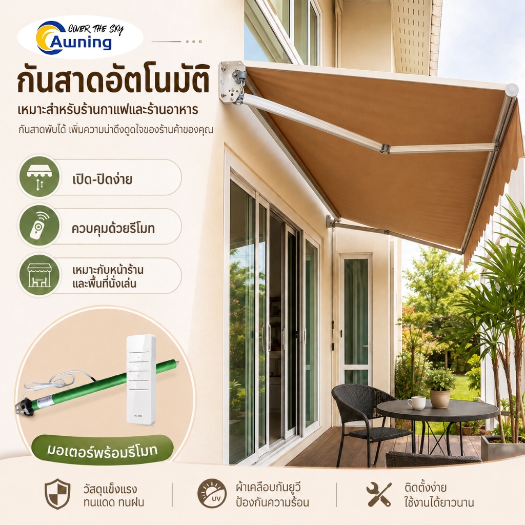 Cover The Sky Awning กันสาดอัตโนมัติ เหมาะสำหรับร้านกาแฟและร้านอาหาร กันสาดพับได้ เพิ่มความน่าดึงดูดใจของร้านค้าของคุณ
