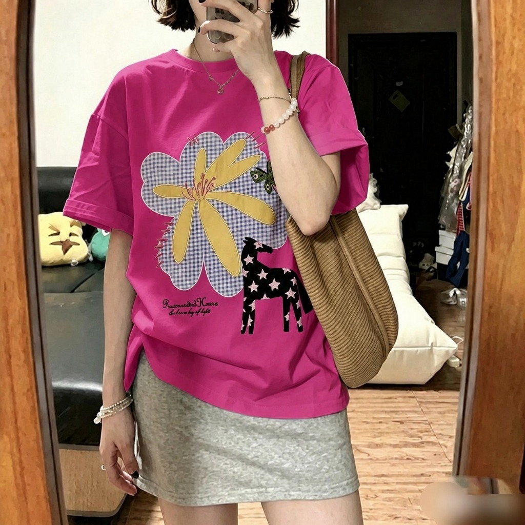 พร้อมส่ง เสื้อยืดโอเวอร์ไซส์ผู้หญิง สีชมพูบานเย็น ลายดอกไม้+ม้าน่ารัก สไตล์เกาหลี ผ้านุ่ม ใส่ประจำวัน