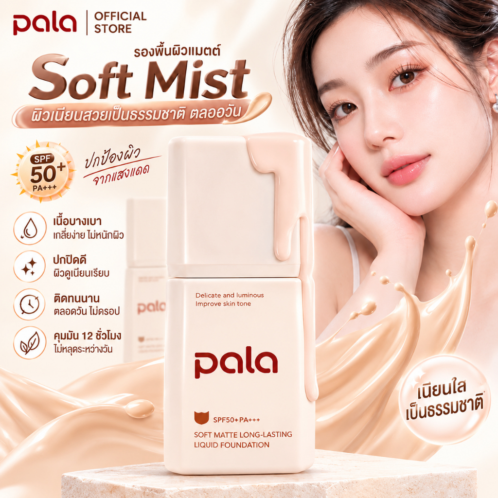 PALA รองพื้น 30g SPF50+ PA+++ Soft Mist Long-Lasting Liquid Foundation เนื้อบางเบา ปกปิดเนียน คุมมัน ติดทนนาน 12 ชม.