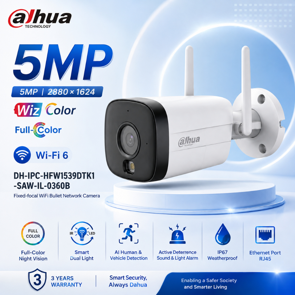 กล้อง Dahua รุ่น DH-IPC-HFW1539DTK1-SAW-IL-0360B 5 ล้าน 3.6m Wi-Fi Bullet Network Camera สินค้าใหม่