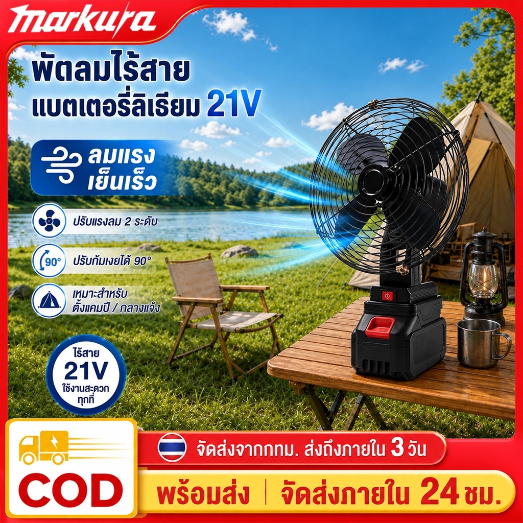 พัดลมไร้สาย 21V พัดลมแบตเตอรี่ลิเธียม พัดลมพกพา ปรับแรงลม 2 ระดับ ปรับมุมได้ 90° สำหรับแคมป์ปิ้ง งานกลางแจ้ง และงานช่าง