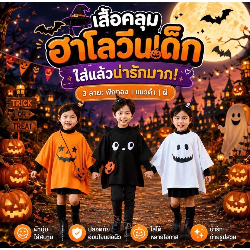 MC378 ชุดแต่งกายฮาโลวีนเด็ก เสื้อคลุมฟักทองแมวโกสต์ เนื้อผ้านุ่ม