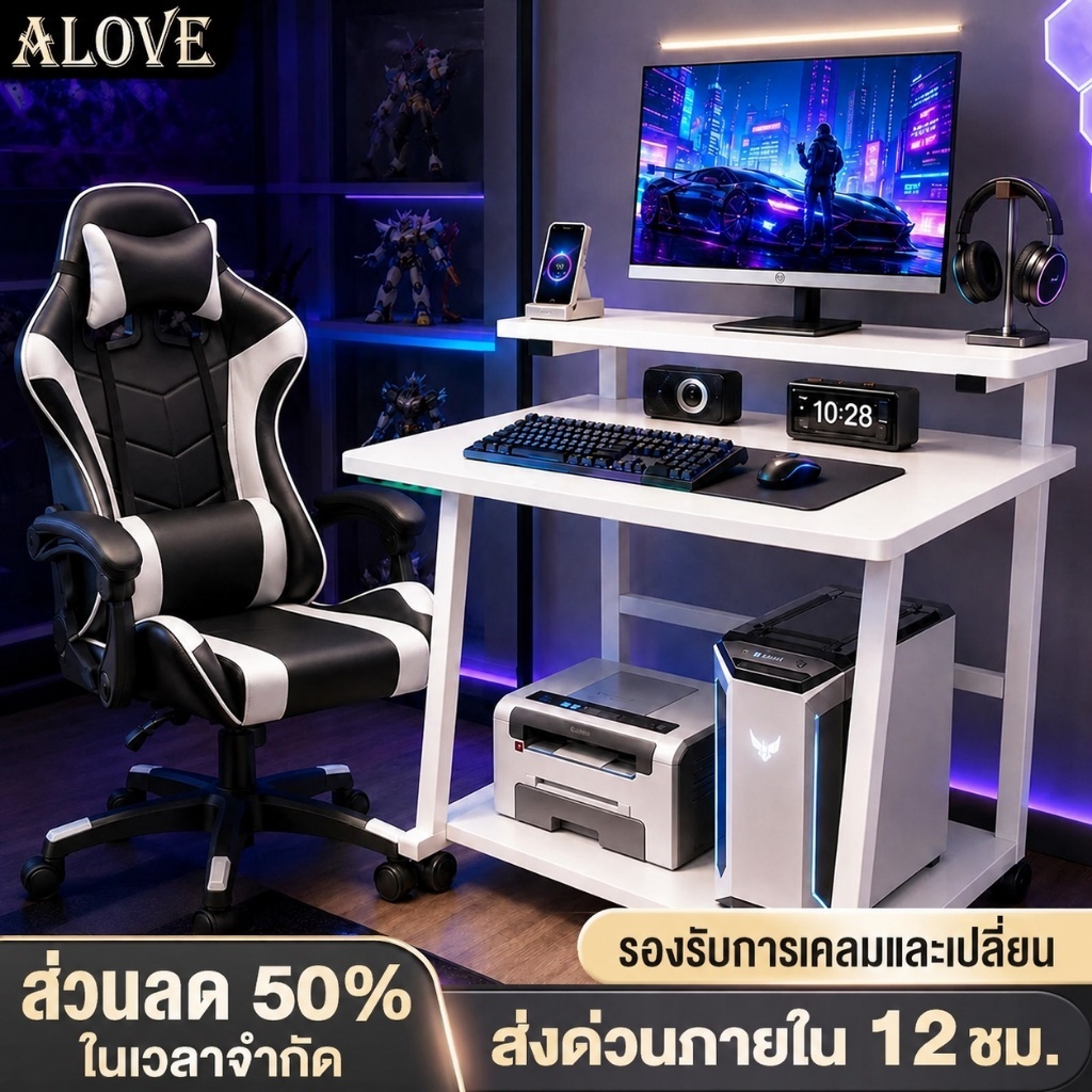 ALOVE โต๊ะคอม โต๊ะเล่นเกม 2 ชั้น 60/80CM เคลื่อนย้ายง่าย คานเสริมแข็งแรงหน้าโต๊ะหนา ประหยัดพื้นที่ จุของได้เยอะ