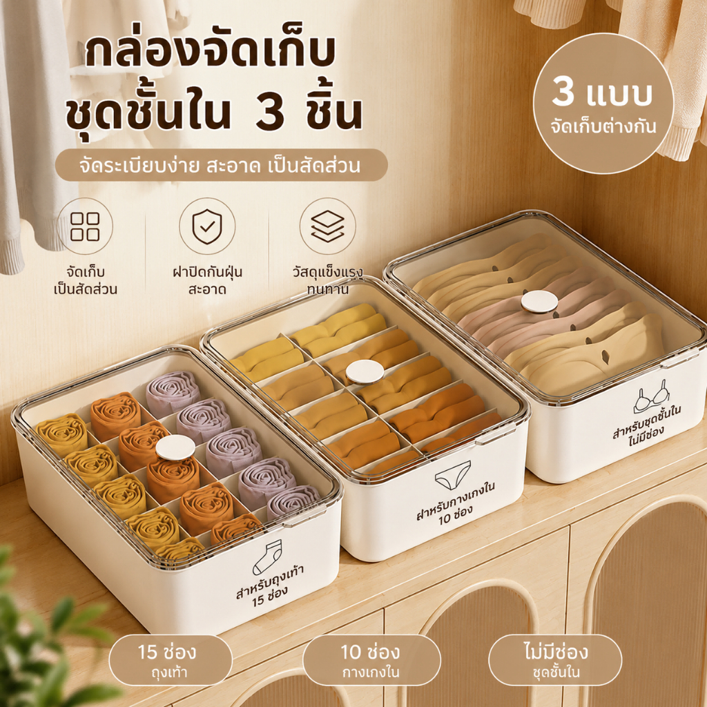 กล่องจัดระเบียบชุดชั้นใน ความจุเยอะ ป้องกันฝุ่นและแมลง มีช่องแบ่งเป็นสัดส่วน สำหรับจัดเก็บชุดชั้นในและเสื้อผ้าส่วนตัว