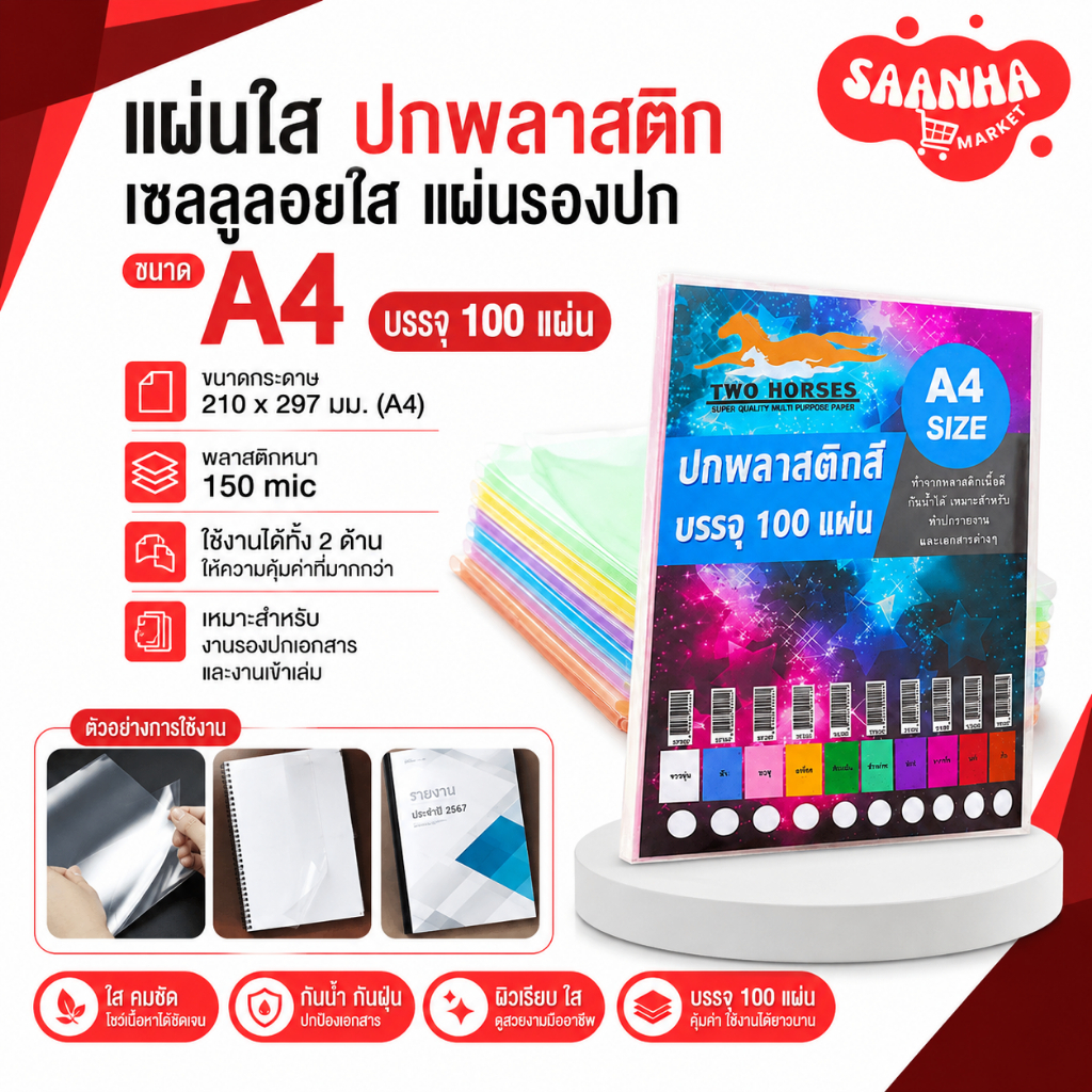 ปกพลาสติกสี แผ่นรองปกสี ขนาด A4 บรรจุ 100 แผ่น 10สี พลาสติกทำปก ปกรายงาน ปกพลาสติกรายงาน สี ใส ใสขุ่น