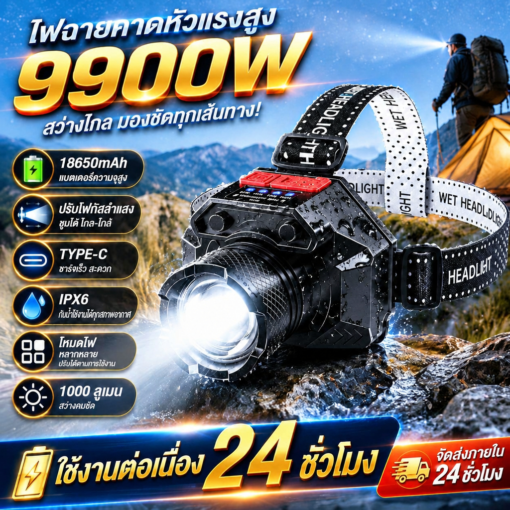 ไฟฉายคาดหัว 150W LED ไฟคาดหัว กำลังสูง ส่องไกล 1 กม หัวไฟขนาดเล็ก กันฝนได้ เลนส์หมุน อายุใช้งานยาว 72 ชม.
