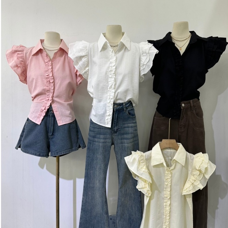 M2319 เสื้อเชิ้ตคอปกแต่งระบายฟูๆ สไตล์สาวหวาน รุ่นนี้บอกเลยว่าต้องมีติดตู้ เสื้อเชิ้ตคอปก แขนสั้น
