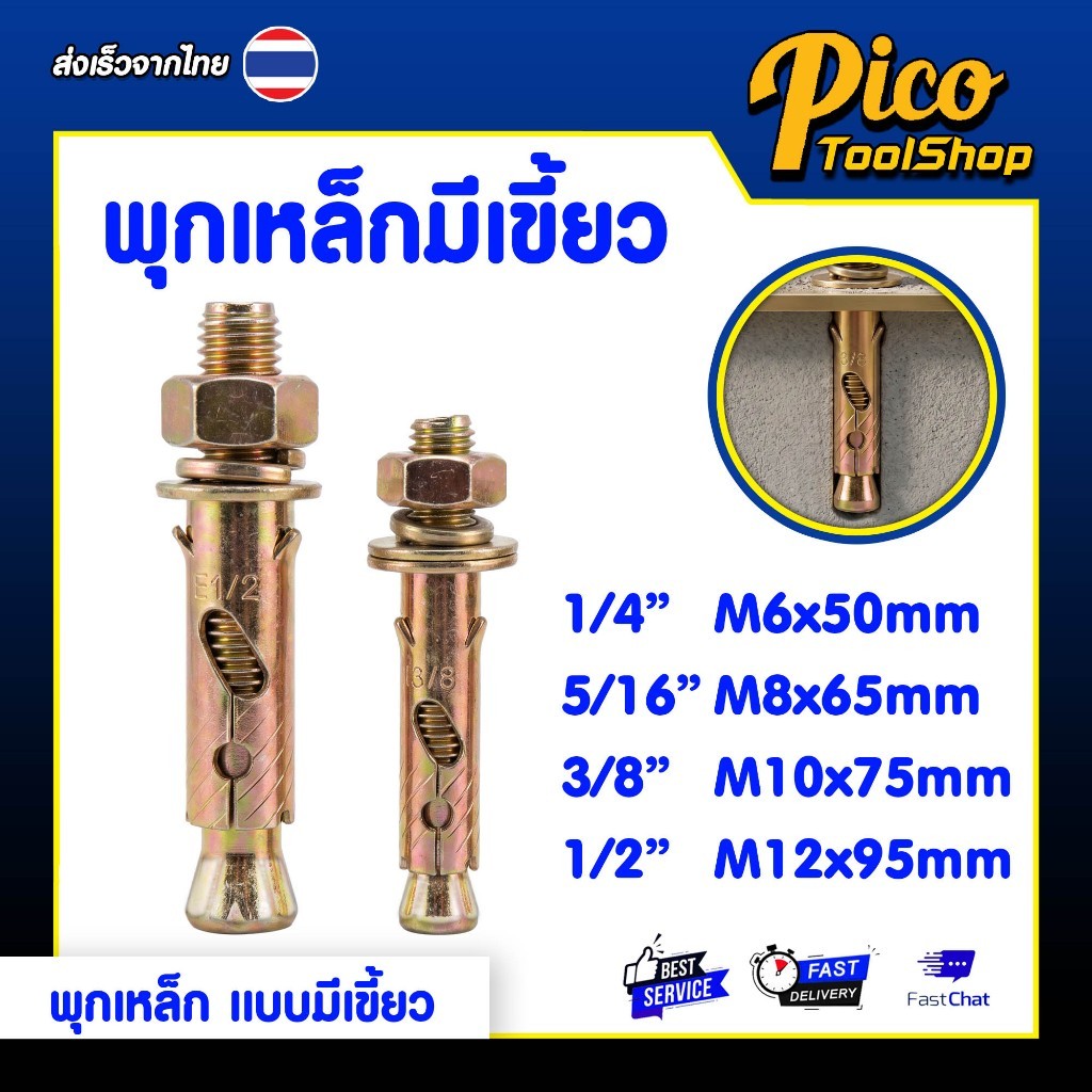 พุกเหล็ก พุกเหล็กมีเขี้ยว ขนาด 1/4,5/16,3/8,1/2 ปุ๊กเหล็ก หกเหลี่ยม ยึดจับแน่น