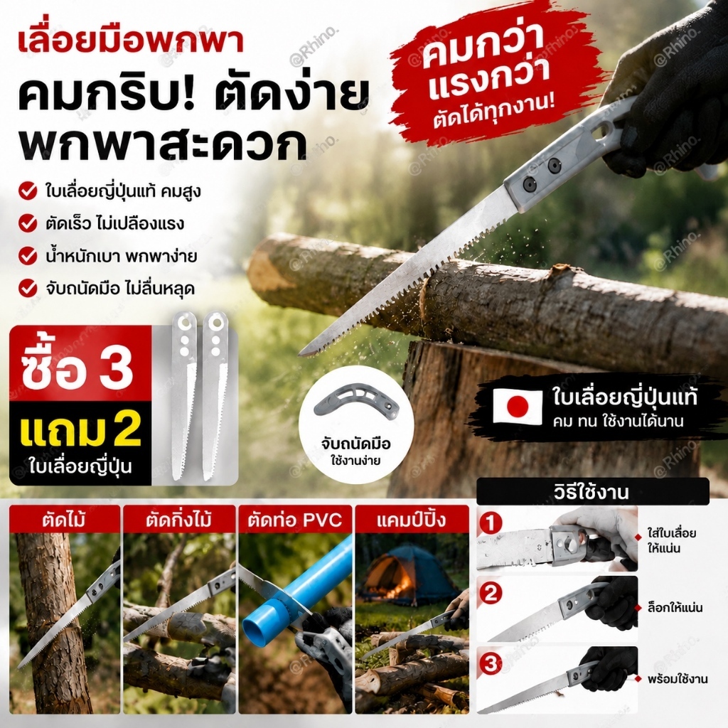 เลื่อยญี่ปุ่น คมมาก ฟันเลื่อยทนต่อการสึกหรอ พกพาสะดวก ตัดกิ่งไม้ เลื่อยมือ handsaw RhinoHardware