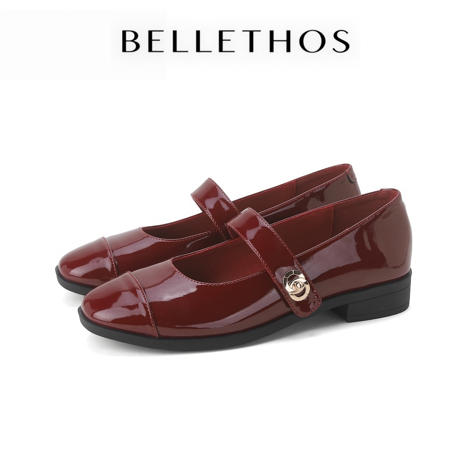 BELLETHOS รองเท้าแมรี่เจน หัวแหลมปลายมน ฤดูกาล2025 รุ่นพิเศษงานหนังแก้วคลาสสิค