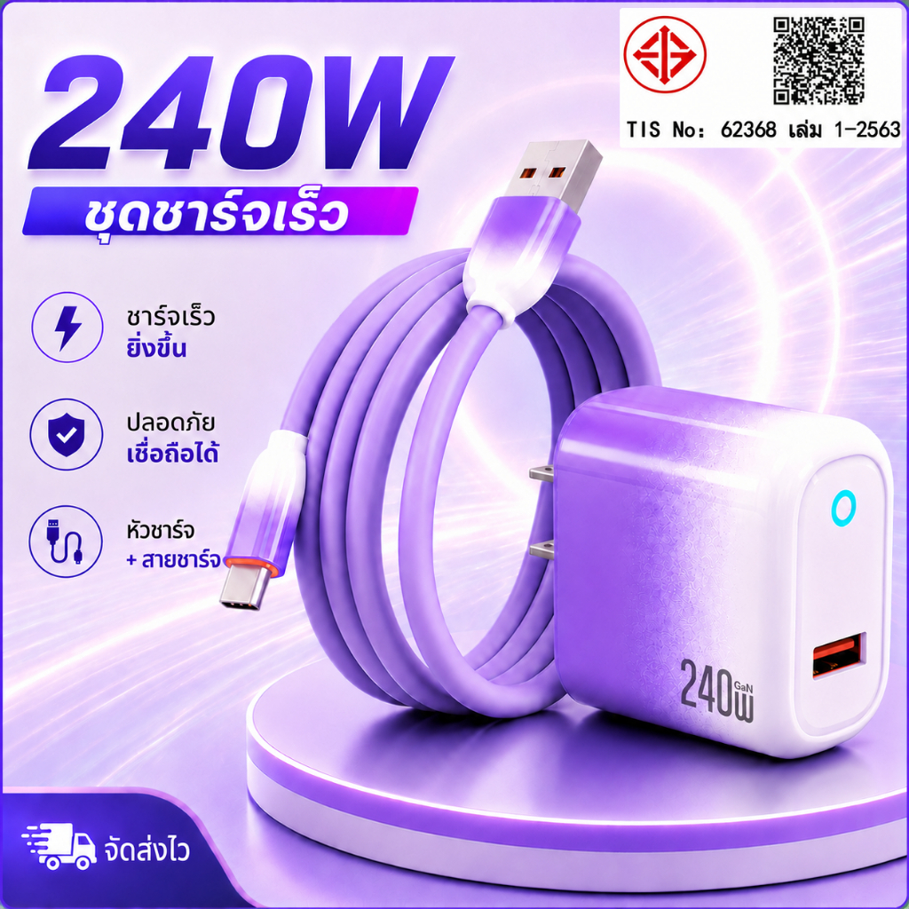 ที่ชาร์จเร็ว ชุดชาร์จ GaN 240W สายชาร์จ Fast Charger การไล่ระดับสี สีพาสเทล ชาร์จไว การรับประกัน1ปี