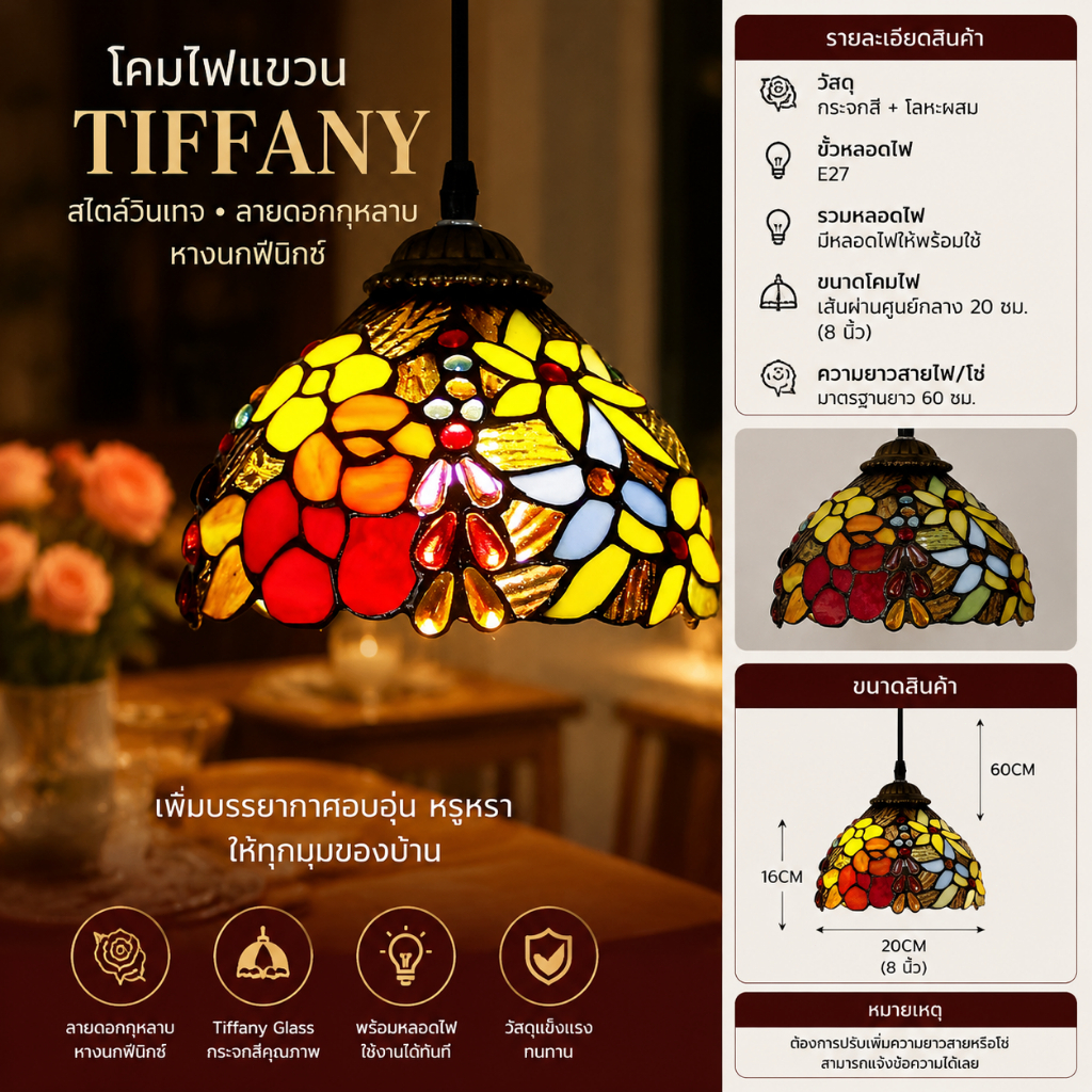 โคมไฟแขวน Tiffany Glass 8 นิ้ว ลายดอกกุหลาบ หางนกฟีนิกซ์ สไตล์วินเทจ โคมไฟเพดานตกแต่งบ้าน