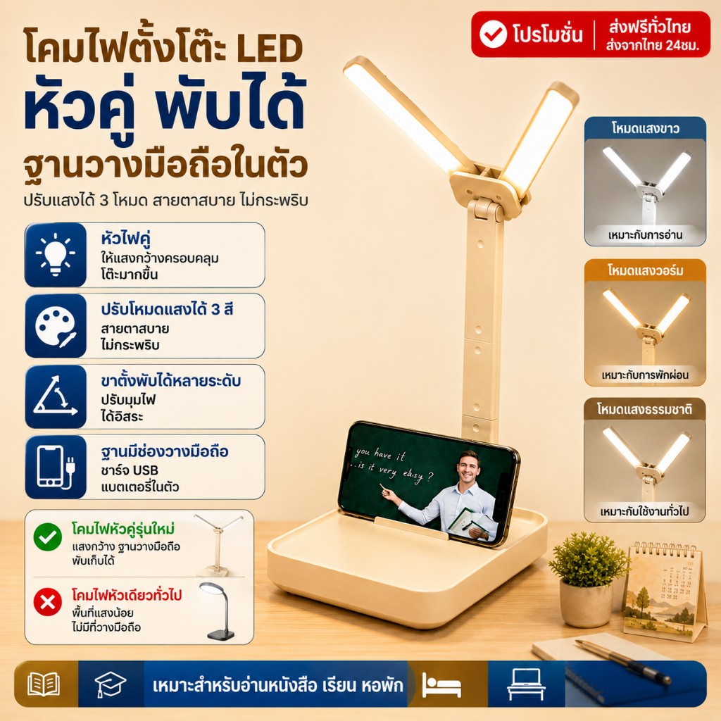 โคมไฟอ่านหนังสือ โคมไฟตั้งโต๊ะ ปรับสีได้ 3 แบบ ระบบสัมผัส ปรับความสว่างได้ มีที่วางโทรศัพท์มือถือ สำหรับเรียนทำงาน