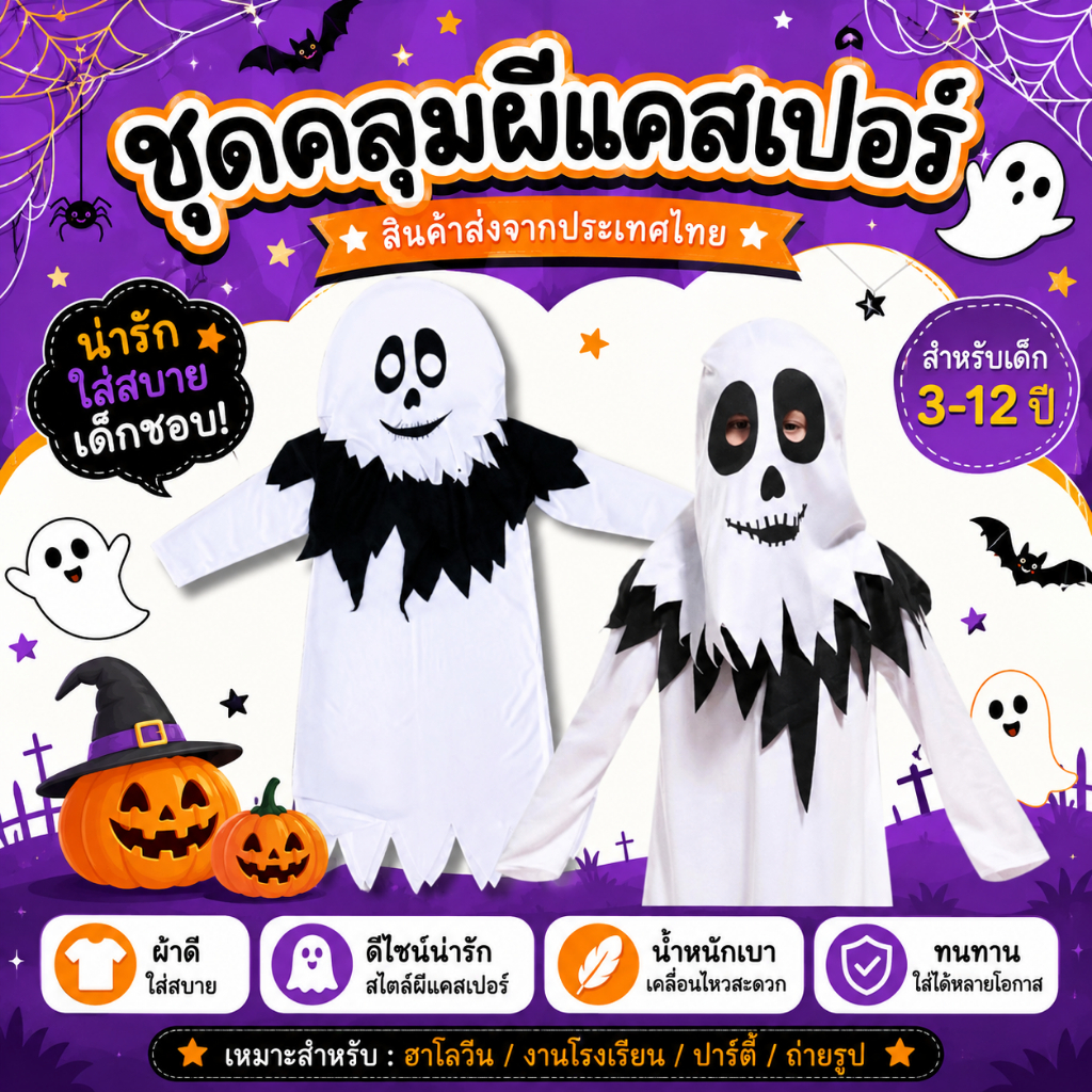 ชุดคลุมผีแคสเปอร์ คอสเพลย์ผีแคสเปอร์วันฮาโลวีน สินค้าพร้อมส่งจากประเทศไทย