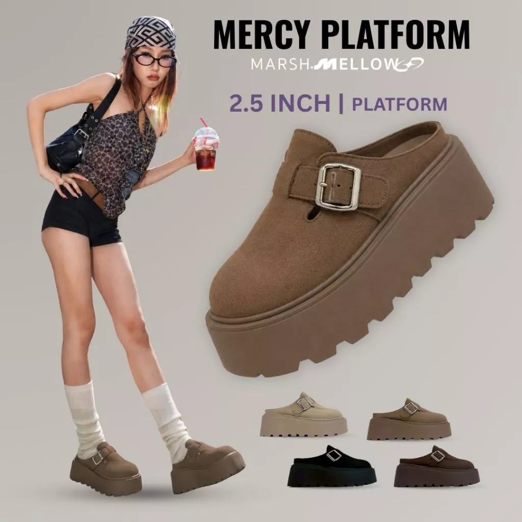 MERCY SLIP ON - MARSHMELLOW รองเท้าส้นตึก รองเท้าเปิดส้น คอลเลคชั่นใหม่เสริมความสูงด้านหลัง