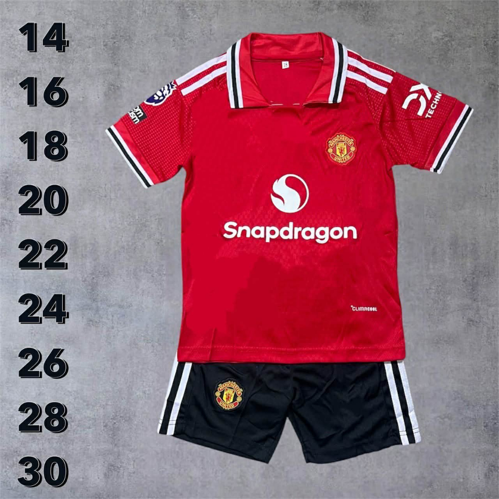 เสื้อบอลเด็กรุ่นใหม่ล่าสุดปี 2026 2027( เสื้อพร้อม+กางเกง)รุ่น FULL option ติดอาร์มครบทุกโลโก้เนื้อผ
