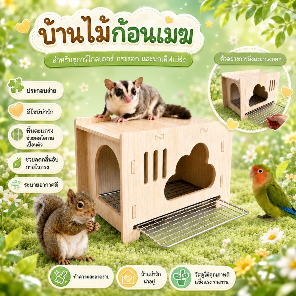 บ้านไม้ก้อนเมฆพื้นตะแกรง บ้านชูการ์ไกลเดอร์ กระรอก นกแก้ว บ้านติดกรง