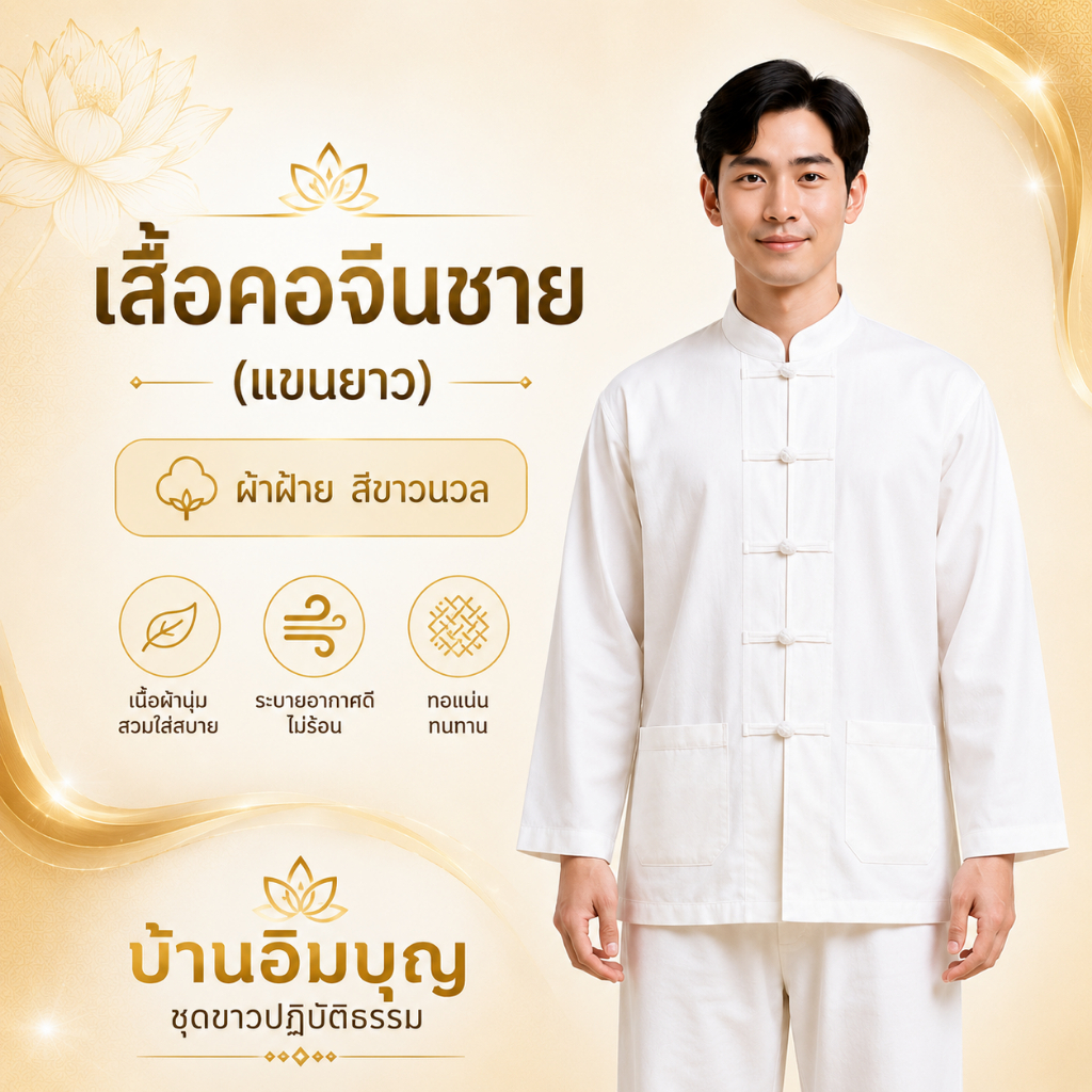 เสื้อคอจีนชายแขนยาว ผ้าฝ้าย สีขาวนวล