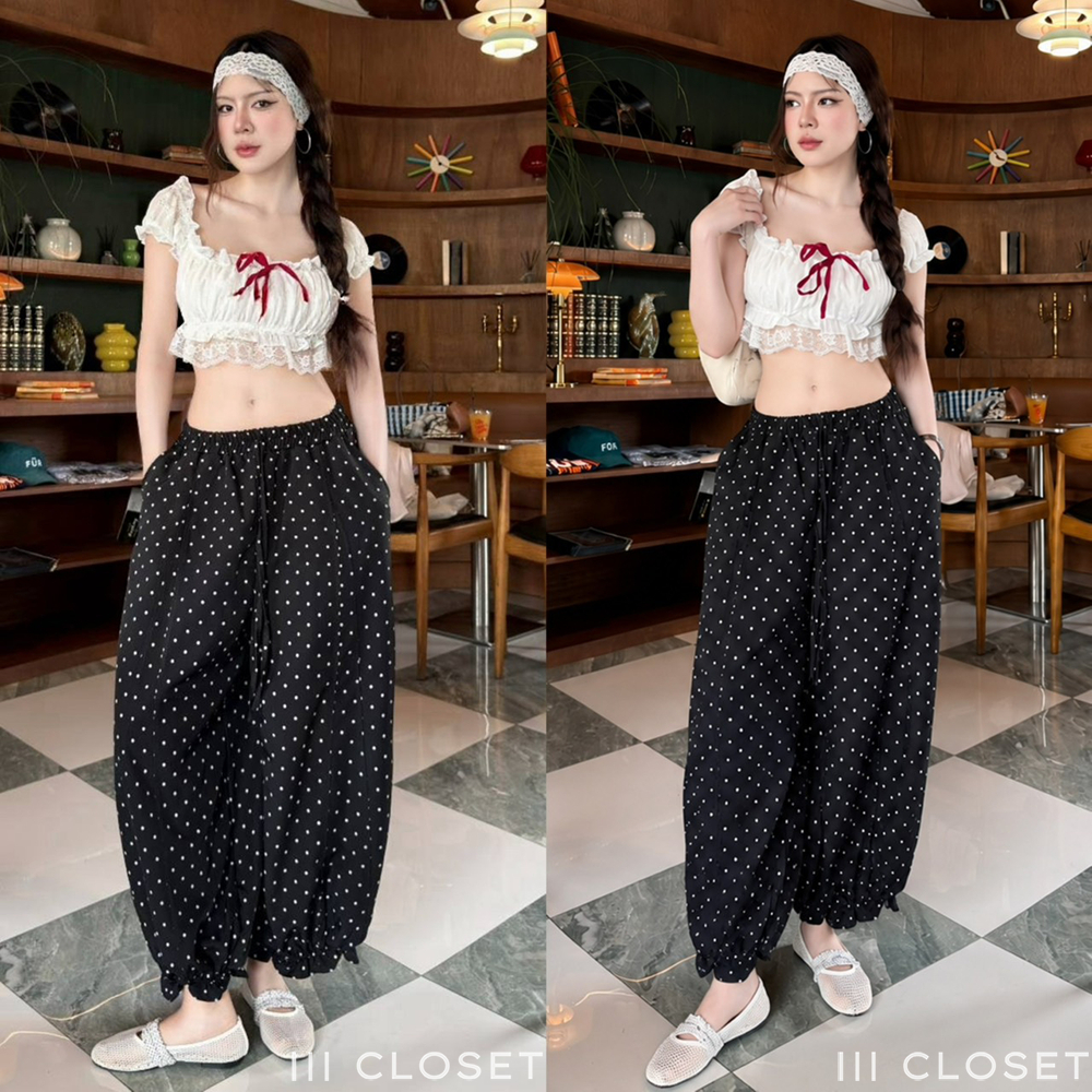 กางเกง 8 ส่วน lll Freesize lll BA153 ลายจุด ทรงขาบอลลูน ปลายขาจั๊มระบาย เอวยางยืด มีกระเป๋า 2ข้าง ผ้าครัช ผ้าไม่ต้องรีด