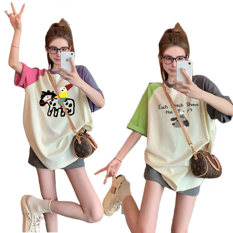 เสื้อยืดสวยๆผู้หญิงกําลังฮิตใหม่ล่าสุด oversize เสื้อผ้าสาวอวบไซส์ใหญ่ แฟชั่นเกาหลี เสื้อโอเวอร์ไซส์ลายวินเทจ สีทูโทนม้า