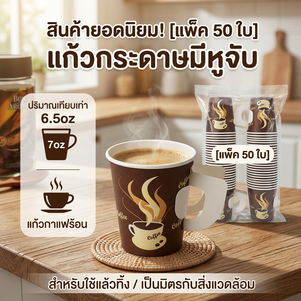 [แพ็ค 50 ใบ] แก้วกระดาษมีหูจับ 7oz (ปริมาณเทียบเท่า 6.5oz) แก้วกาแฟร้อน สำหรับ Takeaway ใช้แล้วทิ้ง