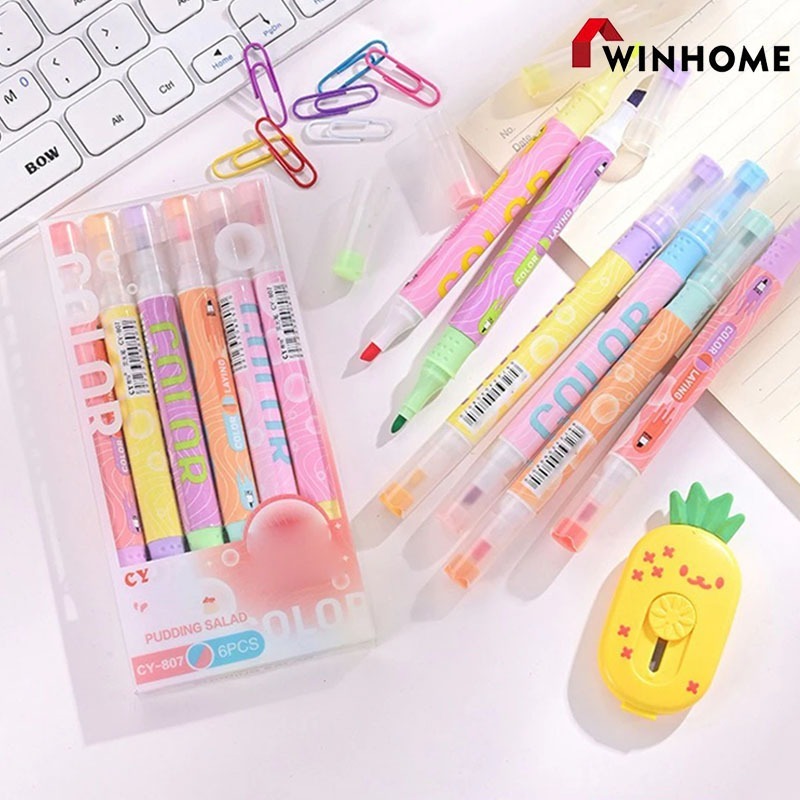 acaron Highlighter Set 6PCS - ปากกามาร์กเกอร์สีพาสเทลสําหรับ Doodling & Note Takeing