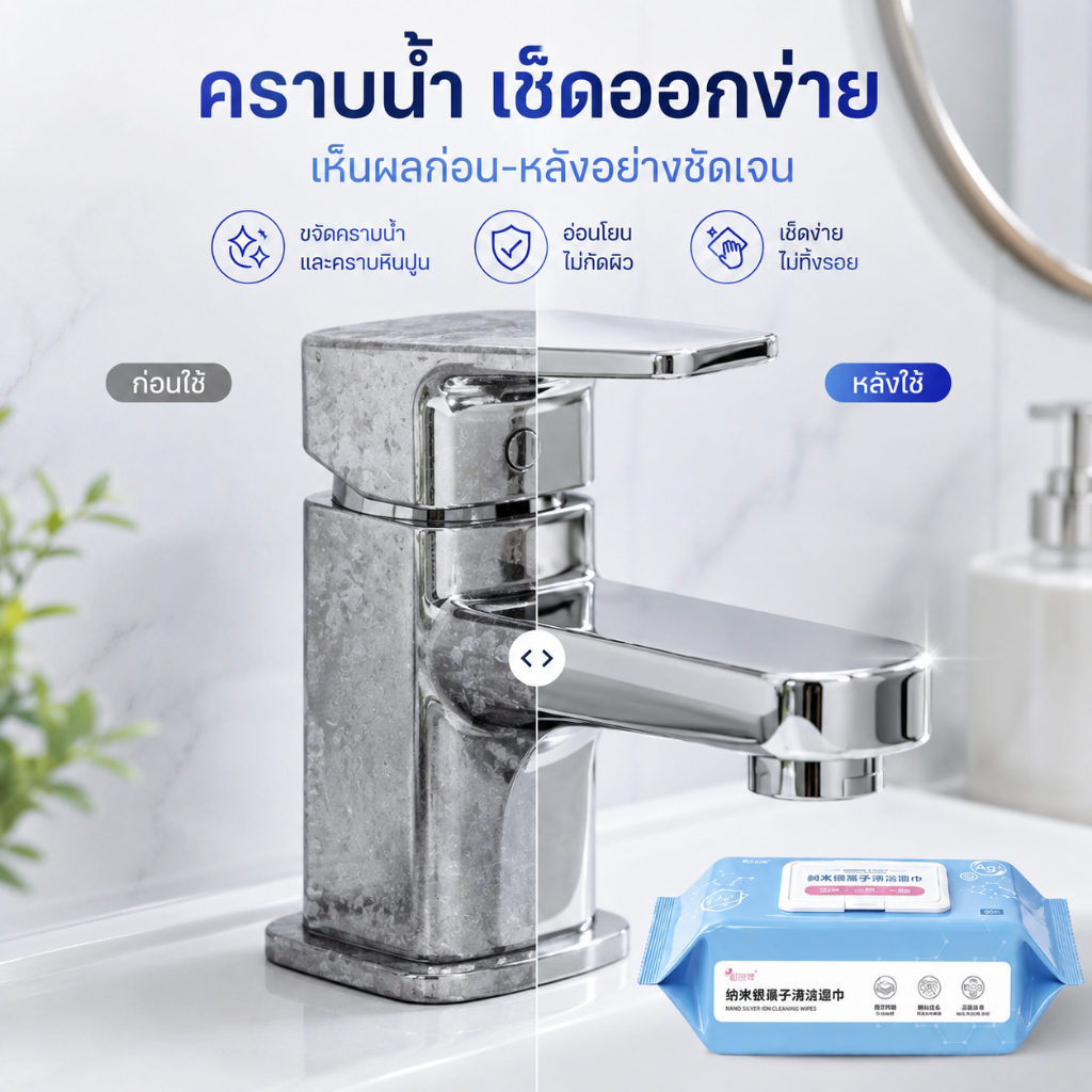 ผ้าเปียกเช็ดก๊อกน้ำ ขจัดคราบน้ำ คราบหินปูน คราบสบู่ ทำความสะอาดก๊อกและพื้นผิวห้องน้ำ 80 แผ่น