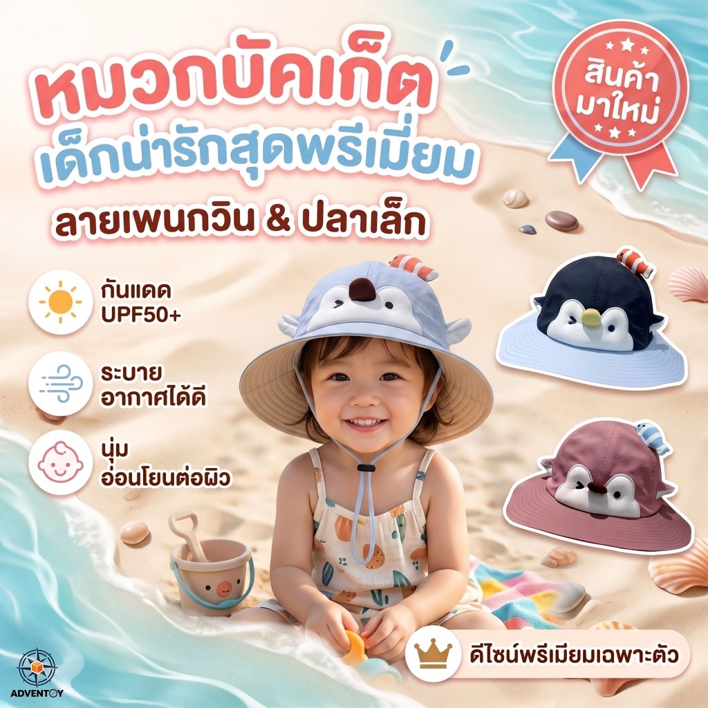🐧หมวกชาวประมงเด็กเพนกวินน่ารัก กันแดด ระบายอากาศ ผ้านุ่มอ่อนโยนต่อผิว สายรัดคางปรับได้ เหมาะเที่ยวชายหาด