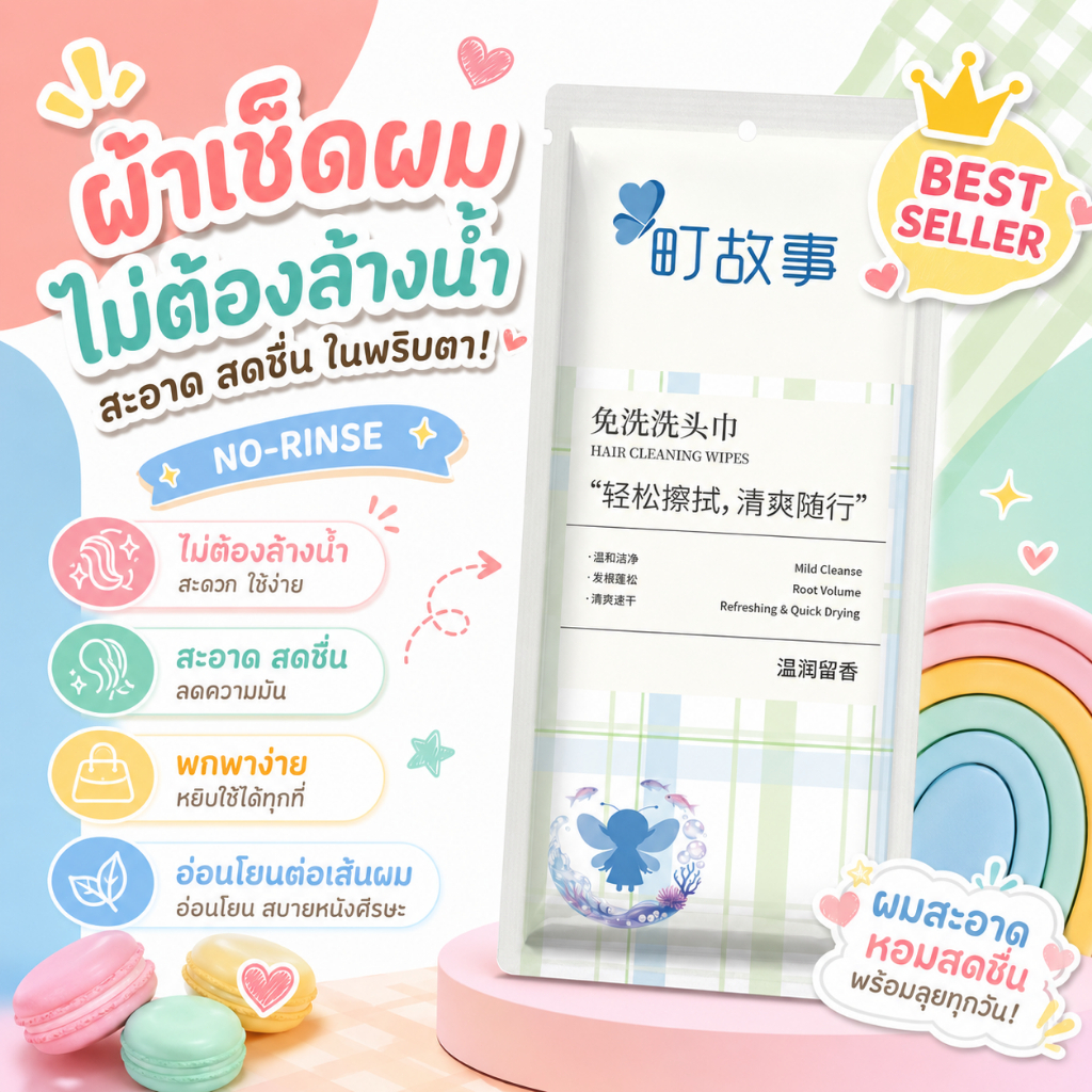 ผ้าเช็ดผมแห้ง ลดความมัน ไม่ต้องสระผม ช่วยให้ผมสดชื่น มีวอลลุ่ม หอมสะอาด พกพาสะดวก