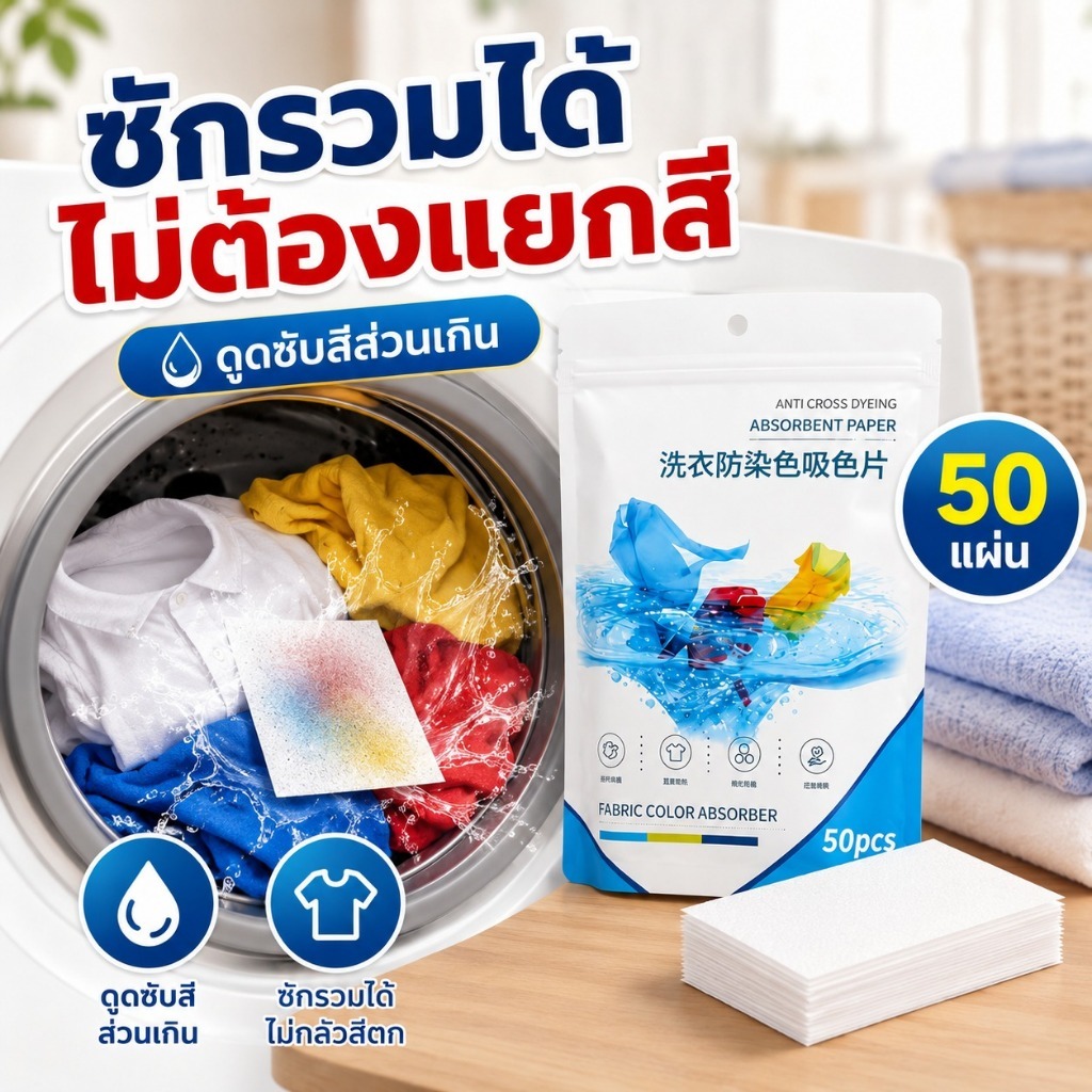 แผ่นดักสีซักผ้า สำหรับเครื่องซักผ้า 50 แผ่น ดูดซับสีส่วนเกิน ป้องกันสีตกใส่ผ้า ไม่ต้องแยกผ้า ใช้งานง่าย