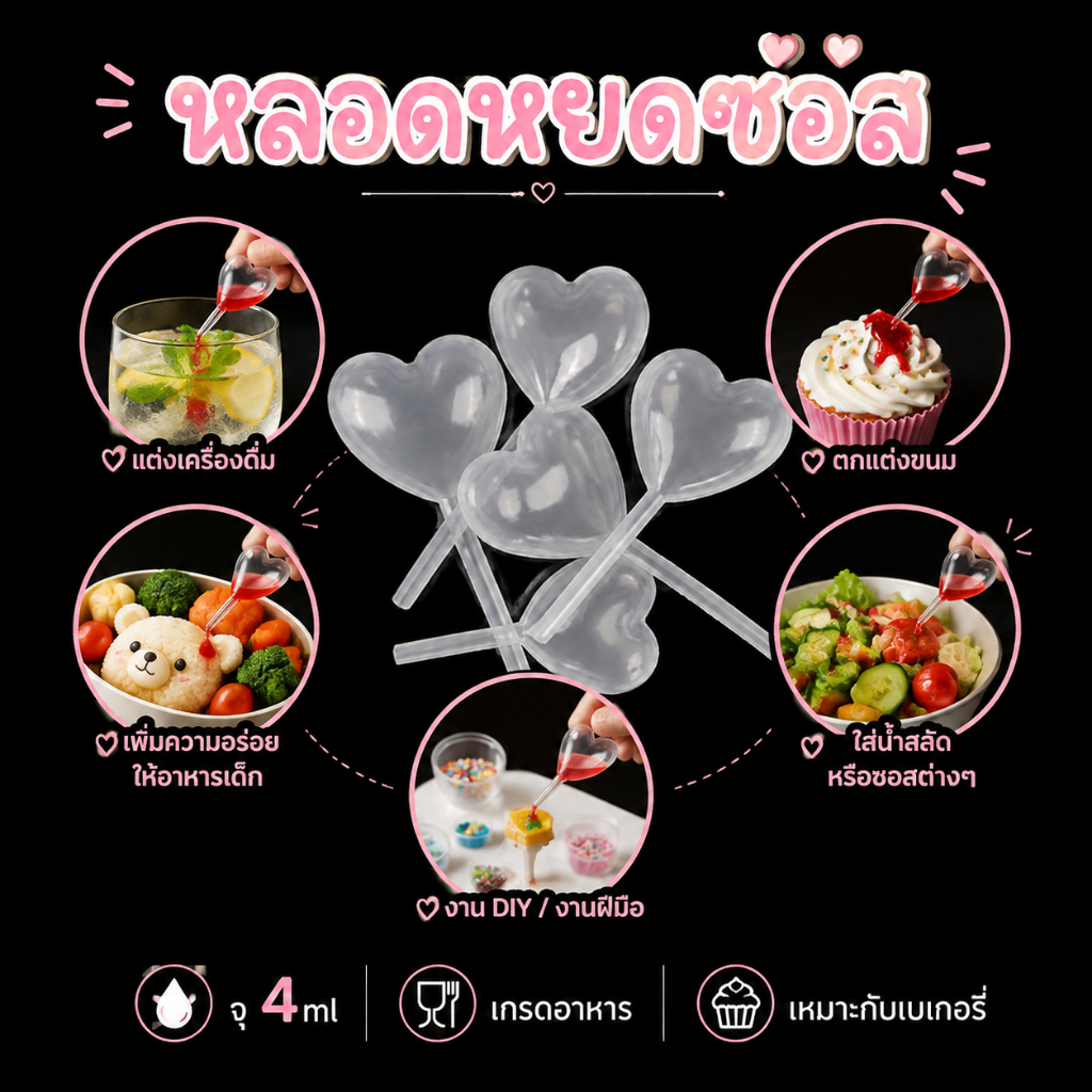 หลอดหยดซอสเค้ก รูปทรงน่ารัก วัสดุเกรดอาหาร ใช้แต่งหน้าเค้ก มาการอง โมเลกุลาร์ แกะสลักจานสวย (50 ชิ้น/แพ็ค)