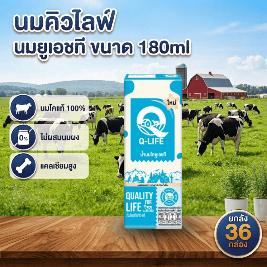 นม Q-Life นมUHT รสจืด/หวาน/ช็อกโกแลต 180 มล. (36 กล่อง/ลัง) หมดอายุ 24/12/26