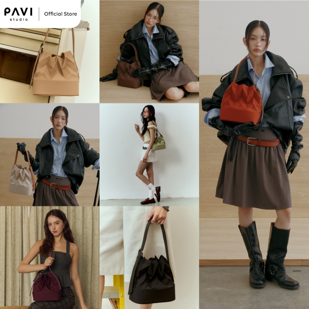 สไตล์ใหม่ Pavi Studio-W หัวเข็มขัดจีบกระเป๋า W สายหนังแท้ 7 สี20260831