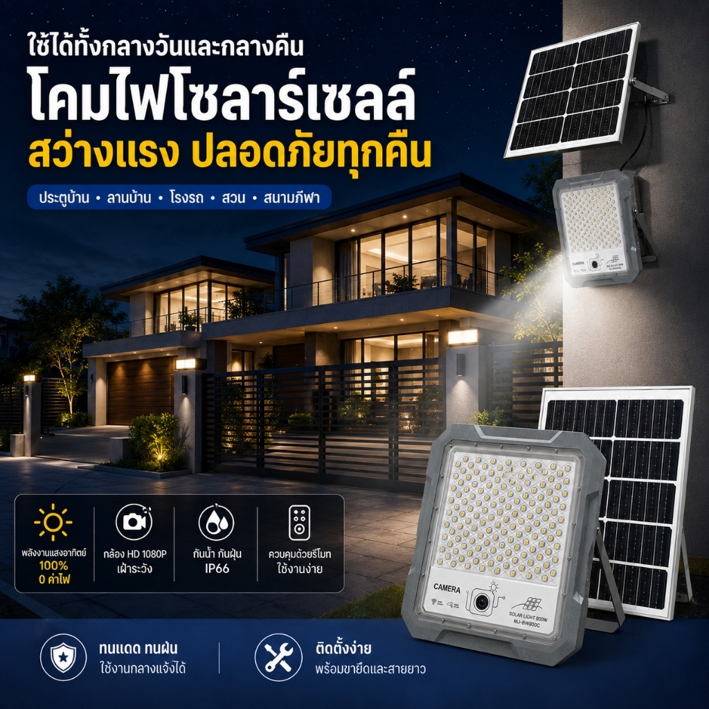 ไฟโซล่าเซลล์สปอร์ตไลท์พลังงานแสงอาทิตย์ สว่างจ้า ไม่ใช้สายไฟ ติดตั้งง่าย เปิดเองตอนกลางคืน ประหยัดค่าไฟ คุ้มค่ามาก
