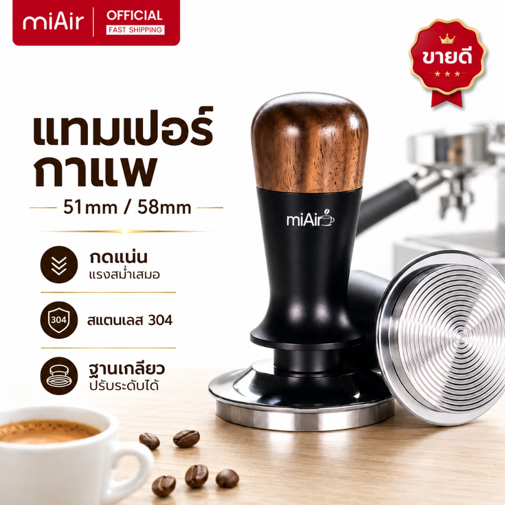MiAir แทมเปอร์กาแฟ 51mm/58mm สแตนเลส 304 กดแบบสปริง ฐานเกลียว Tamper แทมเปอร์กาแฟสปริง ที่กดกาแฟ