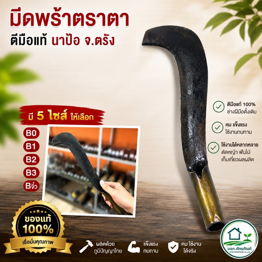 มีดพร้า ตราตา สิ้นค้ารับประกันคุณภาพ คมกริบทุกการใช้งาน ซื้อแล้วกลับมาซื้ออีก มี 4 ขนาด เบอร์จิ๋ว, B1,B2,B3 ผลิตจากตรัง