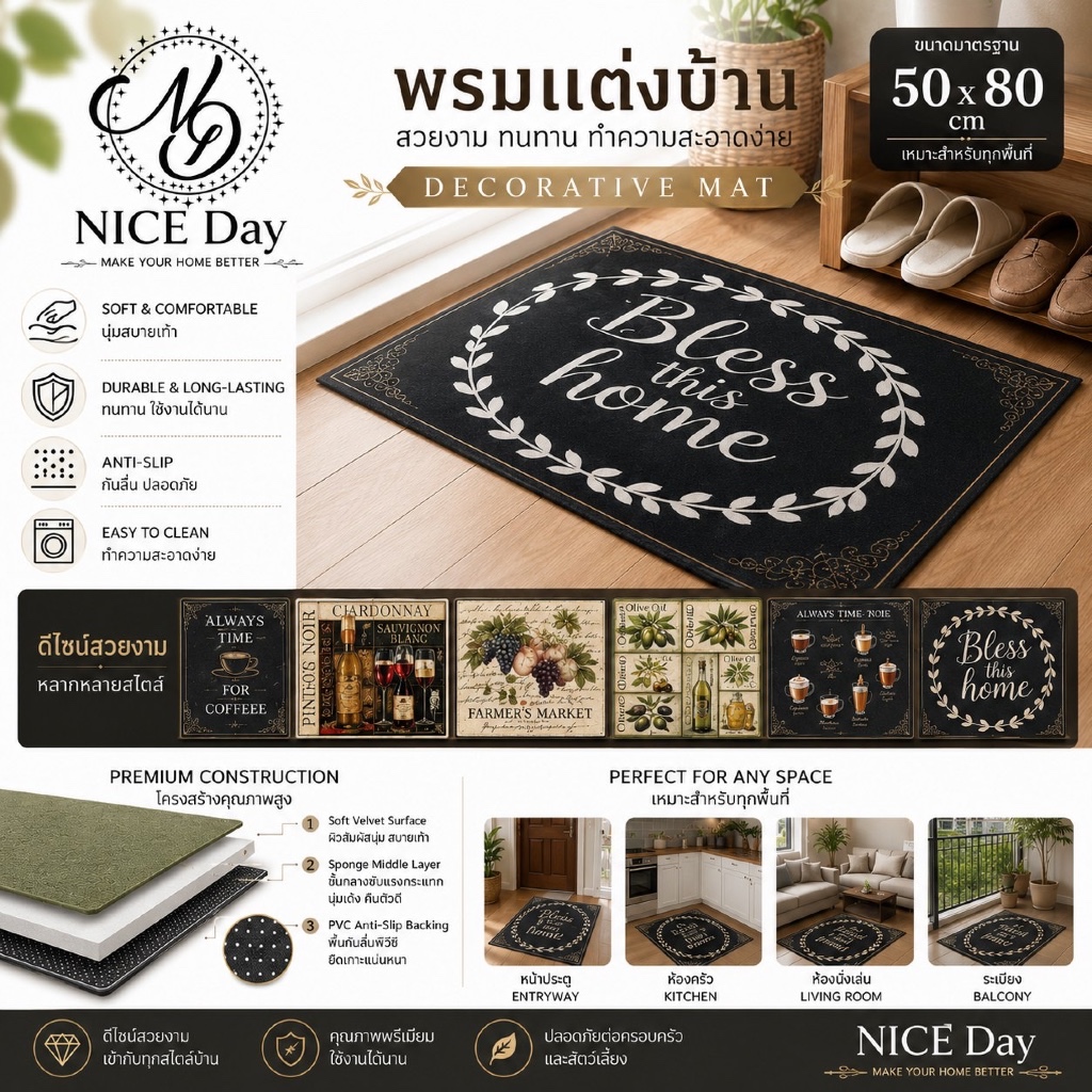 NICE Day พรมเช็ดเท้า ลายคริสต์มาส 50x80 ซม. พรมแต่งบ้าน กันลื่น ซักทำความสะอาดง่าย