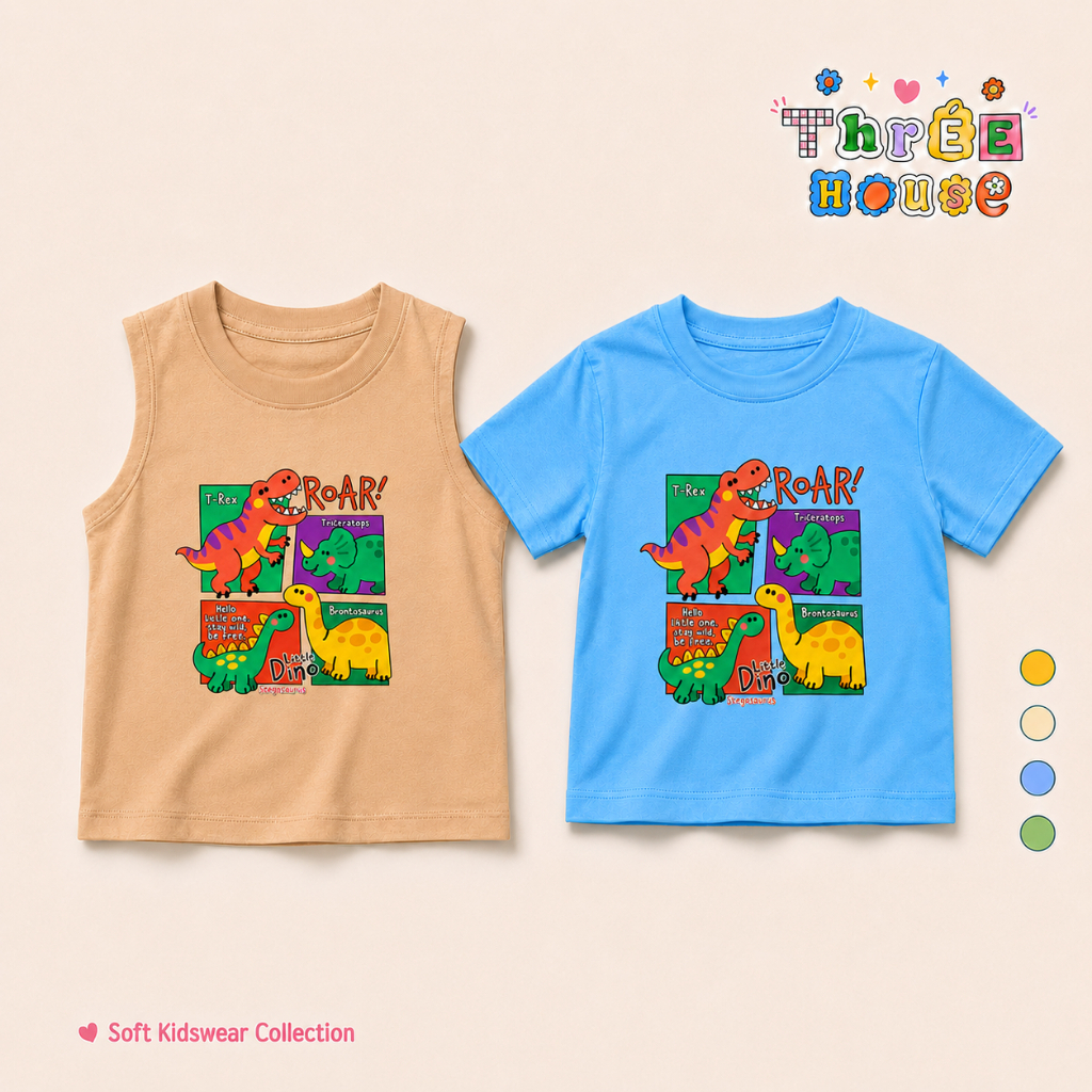 เสื้อยืดเด็ก Unisex ผ้า Cotton 100% ลายไดโนเสาร์สดใส น่ารัก เสื้อเด็กชาย เสื้อเด็กหญิง นุ่ม ใส่สบาย