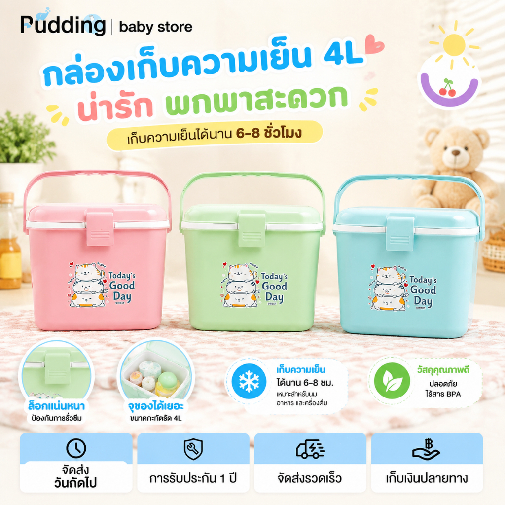 Pudding กระติกน้ำแข็ง 4 ลิตร กระติกน้ำ เก็บความเย็น 8 ชั่วโมง กระติก ทรงเหลี่ยม หูล็อค หูหิ้ว