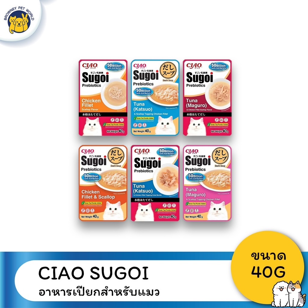 (16ซอง) CIAO SUGOI Prebiotics อาหารเปียกแมว 40g ซูโกอิ พรีไบโอติกส์ สูตรไก่และทูน่า ผสมหอยเชลล์ มีจุ