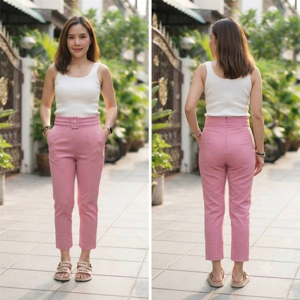 กางเกงขายาวผู้หญิง 7 ส่วนเข็มขัดตกแต่งเอวสูง (ผ้าฮานาโกะ) S-4XL