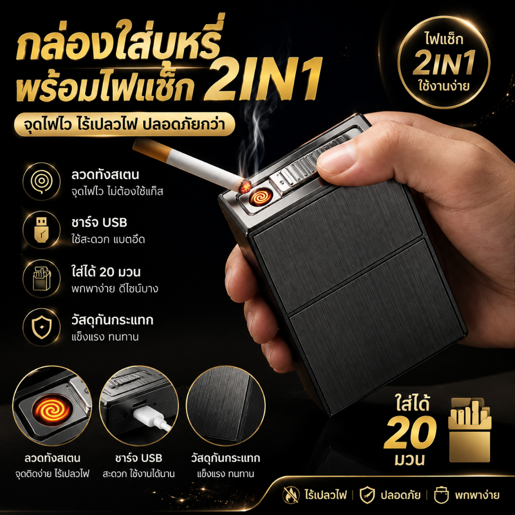 ไฟแช็ก กล่องใส่บุหรี่พร้อมไฟแช็ค 2in1 ด้วยลวดทังสเตน ไฟแช็ก ชาร์จไฟด้วยสายUSB ไฟแช็กไฟฟู่ กันกระแทก