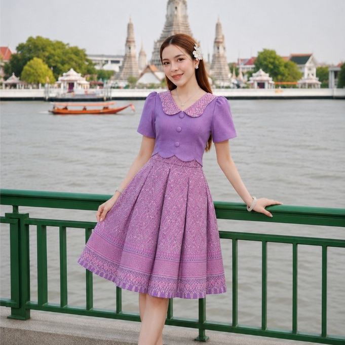 KS853 ชุดเดรสผ้าทอลาย คอผีเสื้อ กระเป๋าบาน8ชิ้น งานอัดกาวทั้งชุด ซิปซ่อนหลัง (S-5XL)