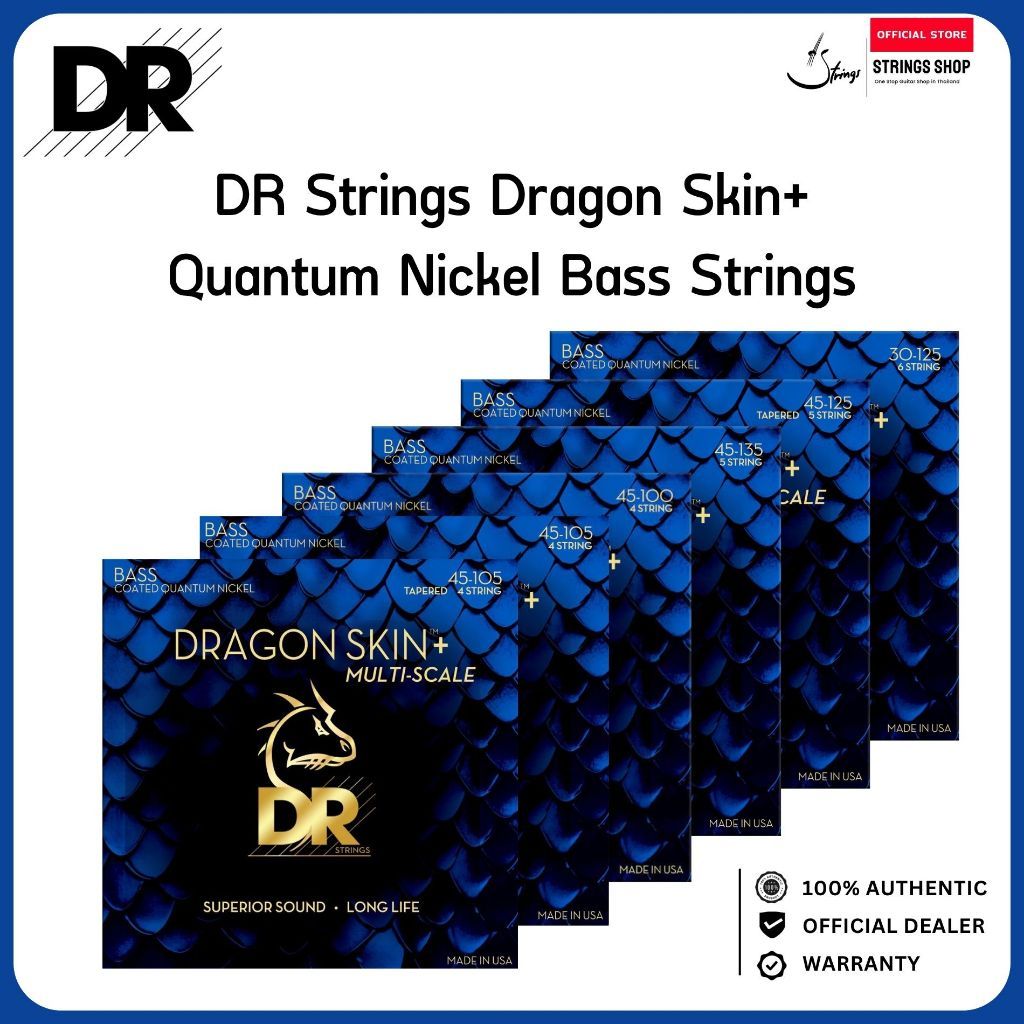 DR Strings Dragon Skin+ Quantum Nickel Bass Strings สายเบสไฟฟ้า Coated สำหรับเบส 4 5 และ 6 สาย